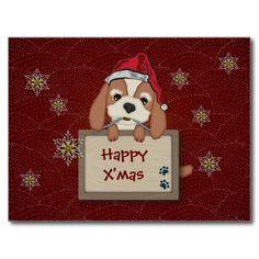 a dog wearing a santa hat is holding a sign that says happy x - mas