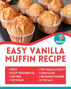 an advertisement for easy vanilla muffin recipe on a table with other muffins in the background