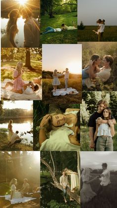 a collage of people sitting and standing in the grass near water, trees, and sun