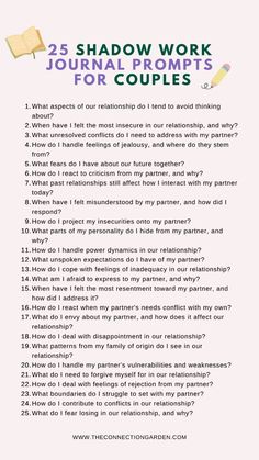 Explore 25 shadow work journal prompts for couples to deepen your connection and understanding. These prompts are designed to help you and your partner reflect on your relationship, uncover hidden emotions, and grow together. Find out how to use these prompts effectively. Visit our website for more relationship resources and start your journey today! #writingtherapy #relationshipadvice #couplesjournal #relationshipgrowth #selfimprovement #loveandintimacy #couplegoals #personalgrowth Journal Prompts For Romantic Relationships, Shadow Work Couples, Boundary Journal Prompts, Shadow Work For Couples, Self Reflection Journal Prompts Relationship, Journaling For Couples, Shadow Work Journal Prompts Relationship, Couple Journal Prompts, Journal Prompts For Relationships