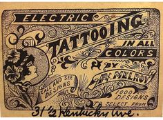 an old fashioned tattoo advertisment with black and white ink on it's paper