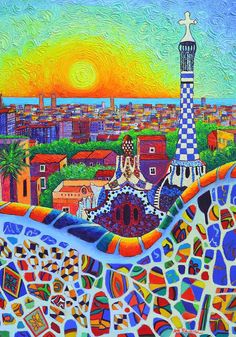 a painting of a colorful cityscape with a tower in the distance and lots of other buildings