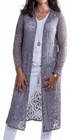 This Fun and Funky Cardigan is a Lace-Style Knit with a Floral Design Motif. It's extremely Soft and Stretchy and Perfect to Wear over any Outfit. This one is more like a Duster compared to the Shorter Medium Length Lace Knit Cardigan. 100% Viscose One Size | OS Made in Italy Model is also wearing the Siena Pant and Nola Satin Tee. Elegant Crochet Cardigan For Fall, Sequin Cardigan, Long Knit Cardigan, Italian Women, Long Knit, Silk Shorts, White Cardigan, Lace Fashion, Lace Knitting