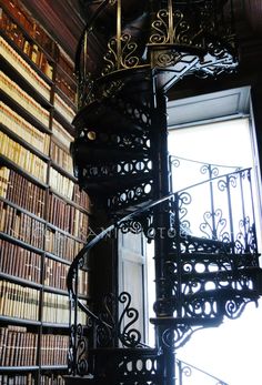 a spiral staircase in front of a bookshelf