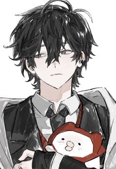 an anime character with black hair holding a stuffed animal in his arms and looking at the camera