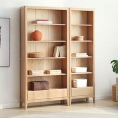 a wooden bookcase sitting next to a potted plant on top of a hard wood floor