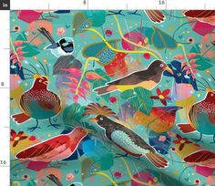 colorful birds and plants on blue background with white rulers in the foreground for scale