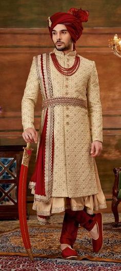 Gold color Sherwani in Art Silk fabric with Bugle Beads, Embroidered, Moti work Sherwani For Groom, Groom Sherwani, Sherwani For Men Wedding, Sherwani Groom, Angrakha Style, Mens Sherwani, Silk Stoles, Sherwani For Men, Wedding Sherwani