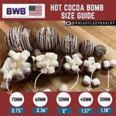 hot cocoa bomb size guide on a wooden table