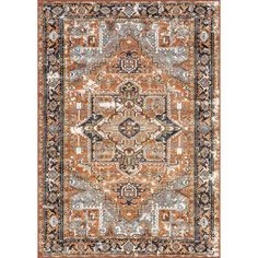 an orange, blue and black rug with ornate designs on the bottom half of it