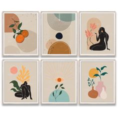 four framed art prints with different shapes and colors, each featuring a woman holding a flower