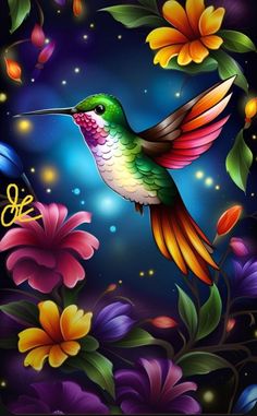 a painting of a hummingbird flying in the night sky with flowers and butterflies around it