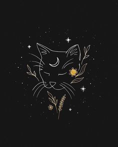 a black and white cat with stars on it's head is surrounded by plants