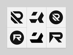 four black and white logos with the letter r in each one's letters,