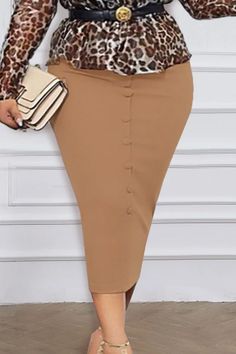 Khaki Casual Work Solid Patchwork Buttons Regular High Waist Pencil Solid Color Bottoms Khaki Pencil Skirt, Long Skirt Casual, Skirt High Waist, Skirts Online, Office Lady, Wholesale Fashion, Work Casual, Skirt Length