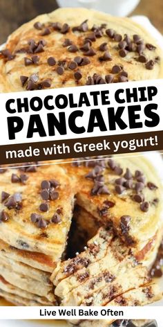 chocolate chip pancakes made with greek yogurt and chocolate chips are the perfect breakfast