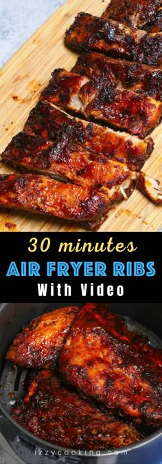 ribs being cooked in an air fryer with the words 30 minutes, air fryer ribs