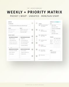 Undated Weekly Planner Pocket Size Printable Weekly Agenda with Priority Matrix, WO2P Inserts, Productivity Planner, Weekly Template Sheet colorfulplanner #freeplannerpages #plannertoorganize #dailyplanner📃 Weekly Overview Planner, Weekly Planning Template, Weekly Planner Layout, Pocket Planner Inserts, Weekly Work Planner, Weekly Template, Travel Planner Template, Weekly Overview, Daily Planner Inserts