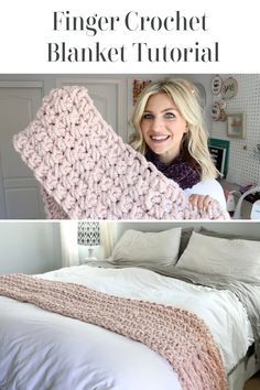 a woman is holding up a crocheted blanket on her bed with the text overlay