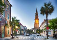 a clock tower towering over a city street with palm trees on both sides and stop signs in the foreground