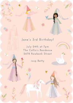 a pink birthday card with princesses and unicorns