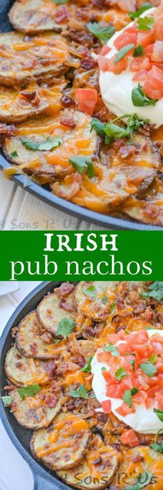 two pictures of different types of food in pans with the words irish pub nachos