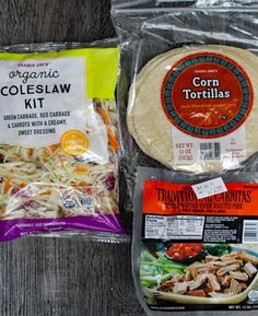 the ingredients for this meal include tortillas, coleslaw and shredded cheese