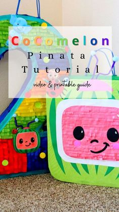 a close up of a bag on the ground with text overlay that reads cocomelon pinata tutorial video and printable guide