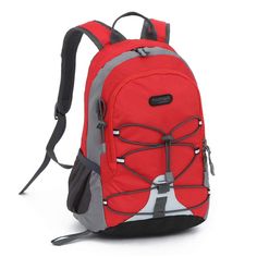 a red backpack with grey straps on the front and gray bottom, sitting against a white background