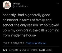 the text on this tweet reads, honesty i had a general good childhood in terms of family and school