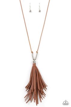 An exaggerated brown leather tassel flares out from the bottom of a stack of silver beads knotted in place at the bottom of shiny brown cording, resulting in a dramatically rustic pendant. Features a adjustable clasp closure.

 Sold as one individual necklace. Includes one pair of matching earrings. Shopping Jewelry, Clean Sweep, Feeling Pretty, Brown Necklace, Paparazzi Accessories, Black Necklace, Paparazzi Jewelry, Pink Earrings, Leather Tassel