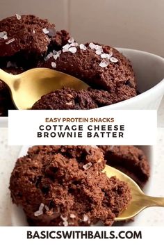 two bowls filled with brownie batter and topped with coconut chips, on top of a white counter