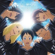 an anime poster with four young men and one woman standing in front of the camera