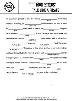 a printable worksheet for kids to learn how to talk like a pirate