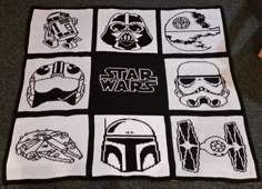 the star wars crocheted afghan is shown with many different designs on it, including helmets