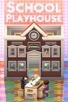 two children are sitting at a desk in front of a school play house with a clock on the wall