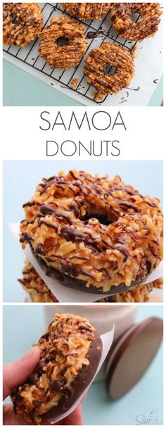 there are three different types of doughnuts on the rack and one is covered in chocolate