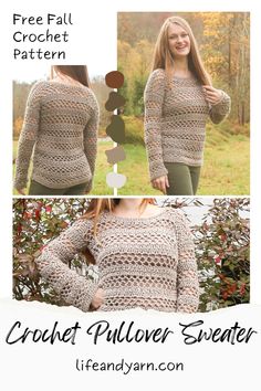 the crochet pullover sweater pattern is shown in three different sizes and colors