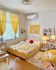 a child's bedroom with yellow curtains and furniture