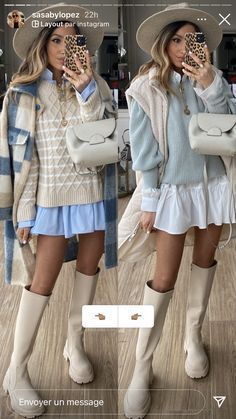 Biały Golf Outfit, Light Blue And Beige Outfit, Botas Beige Outfit, Stylish Winter Outfits, Trendy Fall Outfits