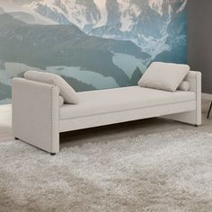 a white couch sitting on top of a rug in front of a wall with snow covered mountains