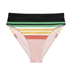 Vintage Hawaii Stripe bikini bottoms - retro stripe on a high-waisted bikini bottom. Comfortable, high-waisted, and double-layered—perfect for a beach day, paddleboard sesh or just chilling by the pool. Eco and style-conscious, this bikini bottom is made with recycled materials. • Fabric composition: 81% REPREVE recycled polyester, 19% LYCRA XTRALIFE • Fabric weight 7.52 oz • Double-layered and non-reversible • Tear-away care label • Zig-zag stitching Size guide WAIST HIPS XS (inches) 25 ¼ 35 ⅜ Retro High Waist Swimwear For Pool, Retro High-waist Swimwear For Pool, Beachwear Briefs For Surfing, Beachwear Brief Bottoms For Surfing, Retro High-waisted Pool Bottoms, Retro High Waist Swimwear For Vacation, Retro High-waist Swimwear For Vacation, Retro High Waist Bottoms For Pool, Brief Beachwear Bottoms For Surfing