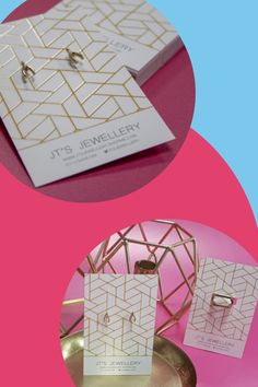 three different types of business cards on a pink and blue background with gold geometric shapes