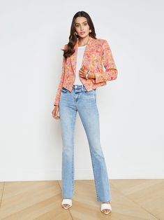 Our newest open-front cropped blazer is back in a vivid citrus brocade. Strong shoulders, peaked lapels, and a cutaway hem create a sharp, structured look. Sleek seaming keeps the semi-boxy fit close to the figure. Fully lined and with bright-orange embossed-dome buttons. Slip on over denim for a hit of fresh color. | L'AGENCE Lila Blazer In Orange Button Outfit, Fresh Color, Strong Shoulders, Cropped Blazer, Denim Shoes, Sweaters And Leggings, Denim Flares, Denim Coat, Petite Maternity