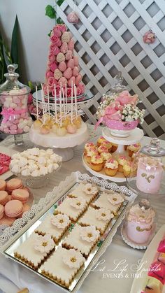 a table topped with lots of desserts and pastries