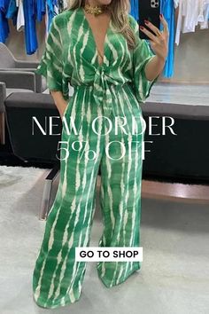 Women's Fashion Dolman Sleeve V Neck Tie Print Loose Wide Leg Casual Jumpsuit Green V-neck Beach Sets, Green V-neck Jumpsuits And Rompers For Spring, Spring Green V-neck Jumpsuits And Rompers, Non-stretch Summer Vacation Sets, Spring V-neck Non-stretch Sets, Green V-neck Jumpsuit For Summer, Green V-neck Spring Sets, Casual Printed V-neck Jumpsuits And Rompers, Spring Green V-neck Sets