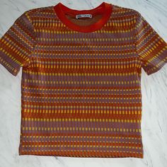 Thanks For Looking At This Great Sweater Top By Zara. It Is A Size Small And Is New Without Tags. Fabric Is 94% Polyester6% Soabdex. Bust 32" Length 19". Retro Purple Crew Neck Top, Zara Orange Casual Top, Casual Orange Zara Top, Retro Purple Short Sleeve Top, Purple Retro Spring Tops, Zara Short Sleeve Tops For Fall, Zara Orange Short Sleeve Tops, Trendy Striped Zara Tops, Fitted Orange Zara Top