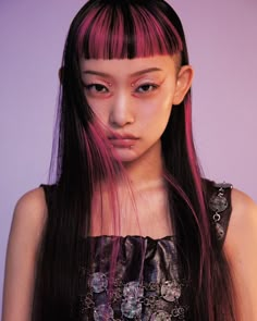 Coloured Bangs, Japanese Hair Dye, Japanese Hair Color, Wednesday Campanella, Color Bangs, Futuristic Hair, Geisha Hair, Camping Hair