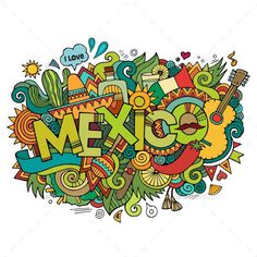 the word mexico surrounded by colorful doodles