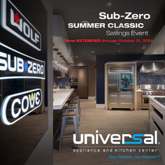 an advertisement for a new restaurant called sub zero summer classic savings event, featuring stainless steel appliances